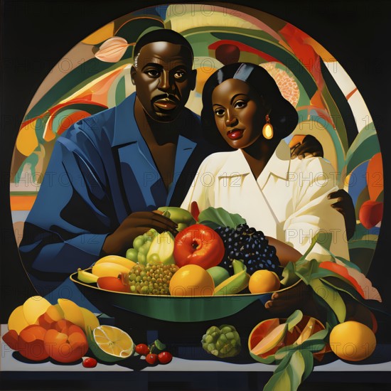 Vibrant illustration of a bowl brimming with a cascade of fresh fruits and vegetables, AI generated