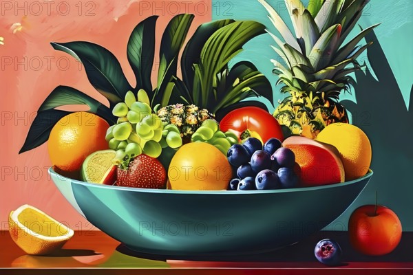 Vibrant illustration of a bowl brimming with a cascade of fresh fruits and vegetables, AI generated