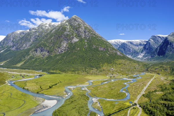 Aerial view of the road from Hafslo to valley Austerdalen at glacier Jostedalsbreen, Sognefjord