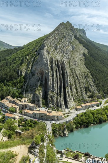 Sisteron. View from the foot of the Citadel on the Baume rock and the Durance river,