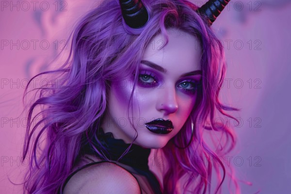 Young woman with Halloween costume devil horns and purple hair and makeup. Generative ai, AI