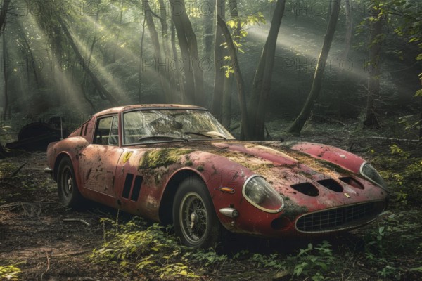 An old, weathered and dusty Italian racing sports car vintage car, wreck, of the type Ferrari GTO