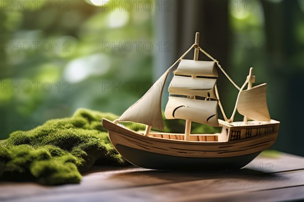 Vintage wooden sailing ship toy with a playful design in front of blurred background, AI generated