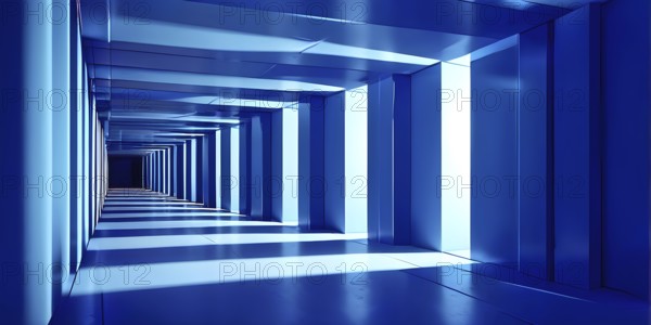 Windows aligned within an elongated tunnel permeated with gradients of blue hues, AI generated