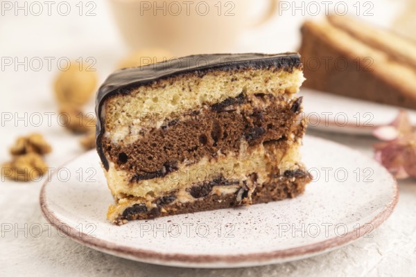 Chocolate biscuit cake with caramel cream and walnuts, cup of coffee on gray concrete background.