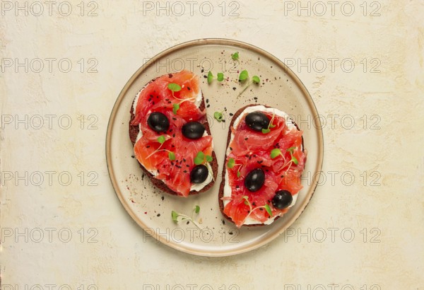 Sandwiches with red fish, cream cheese, olives and microgreens, breakfast
