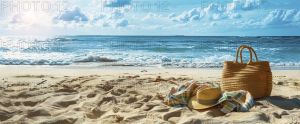 Beach scene with a straw hat, beach bag. Summer vacation, palm trees and ocean in the background,