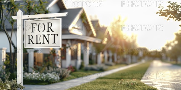 Home for rent real estate sign in front of house. generative AI, AI generated