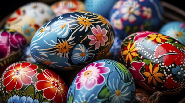 Vibrant, hand-painted Easter eggs adorned with intricate floral patterns, AI generated