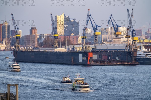Hamburg harbour, Blohm + Voss shipyard, dry dock, dock 11, Elbe Philharmonic Hall concert hall in