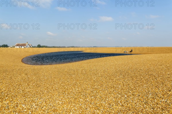 Ridge and lagoon formed on beach at Shingle Street, Hollesley Suffolk, England, UK