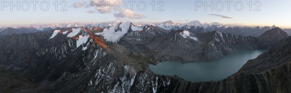 Evening mood, mountain panorama, aerial view, 4000 metre peak with glacier, mountain pass and