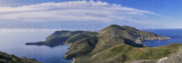 Wide panoramic view of a hilly island chain with clear blue sea, southern tip, Mani peninsula,