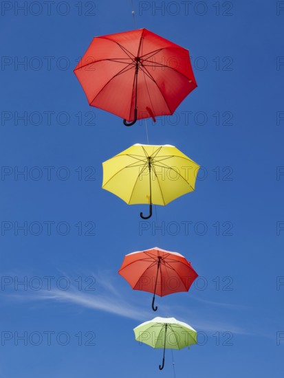 Colourful umbrellas as city decoration, old town of Eisenberg, Saale-Holzland district, Thuringia,