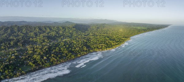 Aerial view, view of Cahuita National Park, coast and coastal landscape with forest, Cahuita,