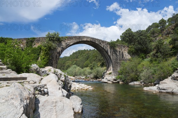 Steinbrücke über einem ruhigen Fluss mit felsiger Uferlandschaft und dichtem Grün unter einem blau