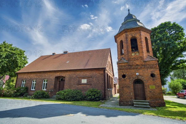 Old school with bell tower, Zeischa, Bad Liebenwerda, Brandenburg, Germany, Europe