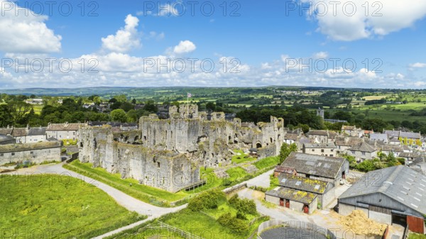 Middleham Castle from a drone, Middleham, Wensleydale, North Yorkshire, England, United Kingdom,