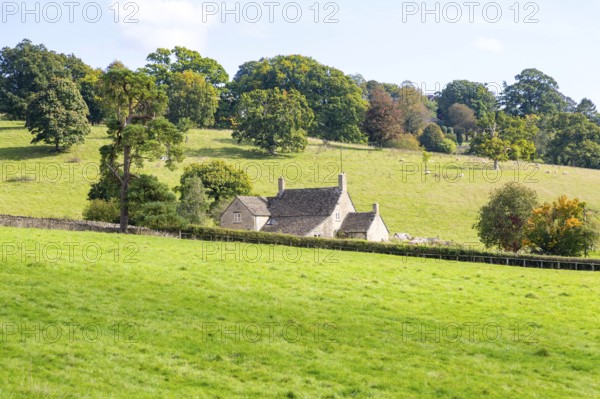 Cotswolds landscape of fields, trees, farmhouse building, near Yanworth, Gloucestershire, England,