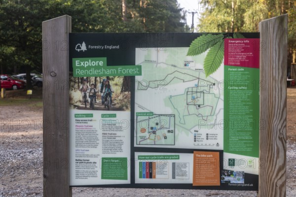 Map and information sign by Forestry England at Rendlesham Forest, Suffolk, England, UK