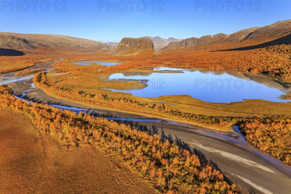 Lake, river, river delta, autumn colours, autumn, mountains, sunny, aerial view, Rapadalen, view of