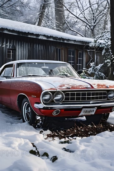 Classic 1960s muscle car, half-buried in snow in a forgotten backyard creating a sense of nostalgia