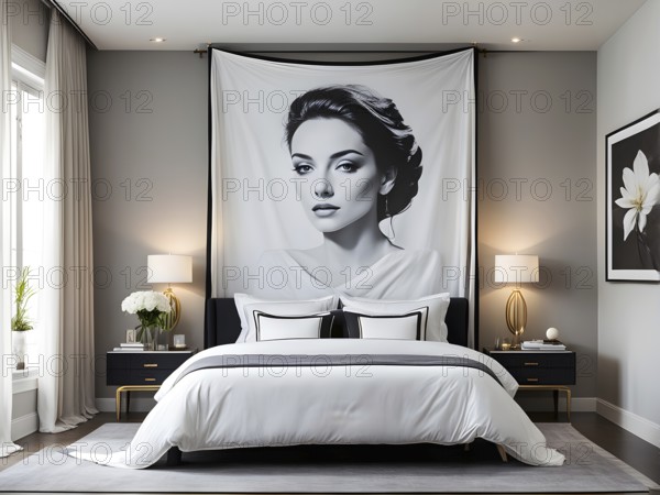 Empty modern bedroom with a large, plush bed covered in white linens, a single framed artwork on