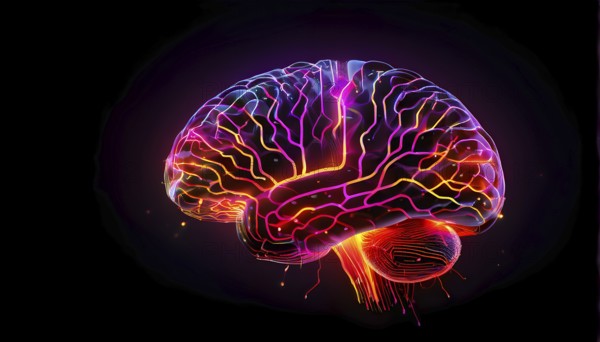 Abstract digital brain made of interconnected lines and glowing circuits in neon colors,