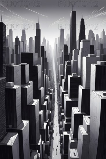 Modern city skyline using clean lines and geometric forms, with rectangular buildings and smooth,