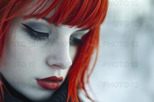 Portrait of young beautiful woman with pale skin and bright red hair with bob hairstyle with bangs