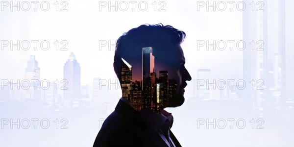 AI generated profile of a businessman with a double exposure of city lights, representing business