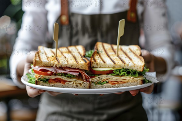 Close up of waitress carrying tray with sandwiches. Generative AI, AI generated