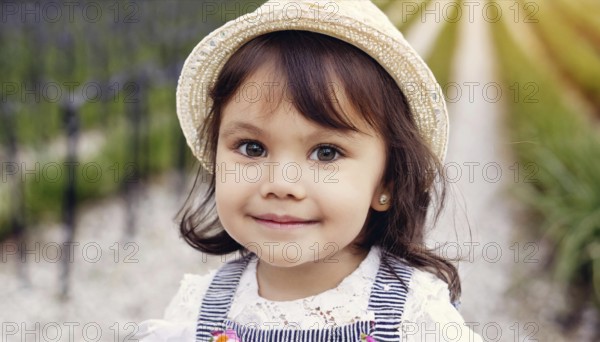 Girl with hat and striped shirt smiles on a path into the camera, AI generated, AI generated