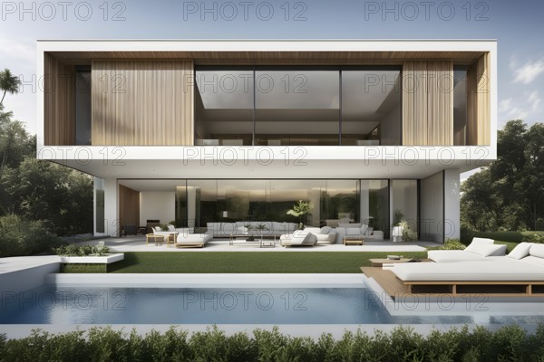 3d render of a modern sustainable house with a swimming pool, AI generated