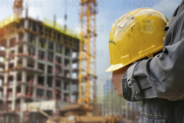 Construction worker holding yellow safety helmet with construction site with building in blurry