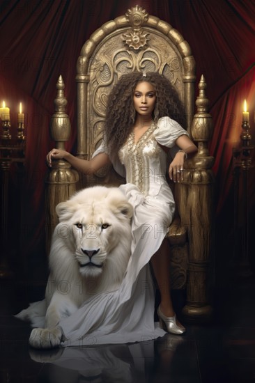 Beautiful young woman with long dark hair with her white pet lion, AI generated