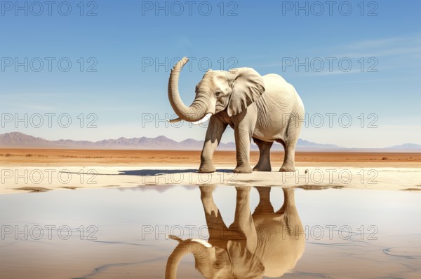 Desert elephant reflecting in a water pond, Africa, AI generated