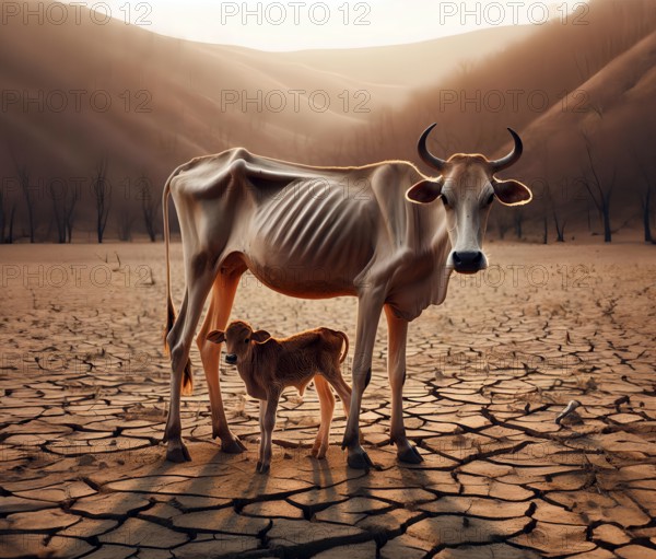 Climate change, climate crisis, global warming, symbolic image, a half-starved, emaciated cow