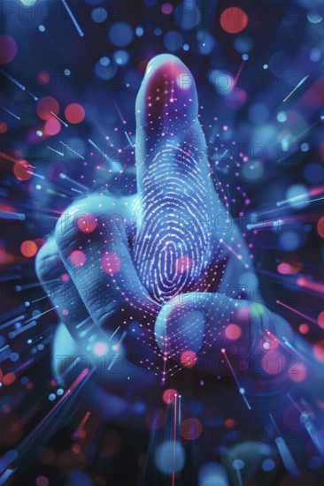 A finger points to a scanned, digitally captured fingerprint for biometric authentication,