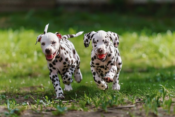 Two cute young dalmatian dogs running and playing, AI generated
