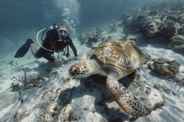 A diver encounters a sea turtle, Hawksbill turtle, A sea turtle, AI generated, AI generated, AI
