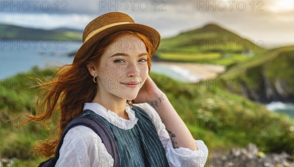Girl with red hair and freckles in windy environment wearing a hat and smiling, Ireland, AI