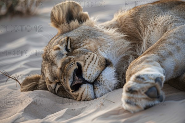Female lion sleeping on desert sand ground. Generative AI, AI generated