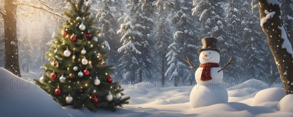 Peaceful and serene Christmas scene with a decorated Christmas tree with gifts presents and a cute