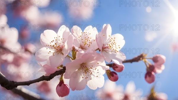Blooming cherry blossoms with soft pink petals against a clear blue sky, with delicate sunlight