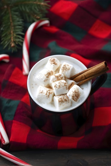 A close-up of a steaming cup of hot cocoa topped with marshmallows, surrounded by cinnamon sticks,
