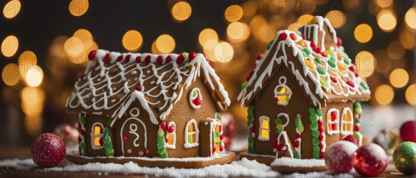 Gingerbread house decorations, focusing on the intricate icing details, colorful candy, and soft,