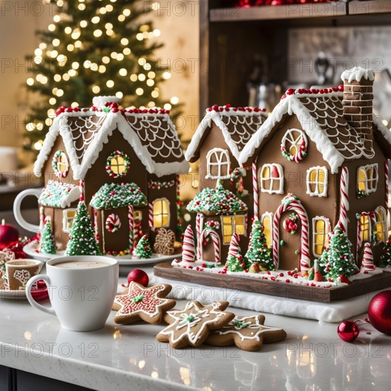 Kitchen counter filled with Christmas cookies, gingerbread houses, and mugs of hot chocolate, with