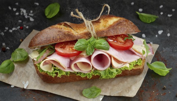 Food, sandwich with cooked ham and tomatoes, AI generated, AI generated