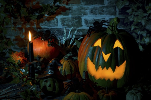 Illuminated pumpkin with spiders and candle in a mystical Halloween scene